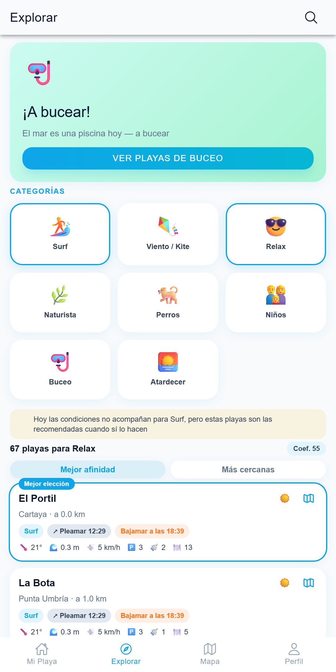 Salitre — explorar: ranking de playas con marea, mejor momento y clima real