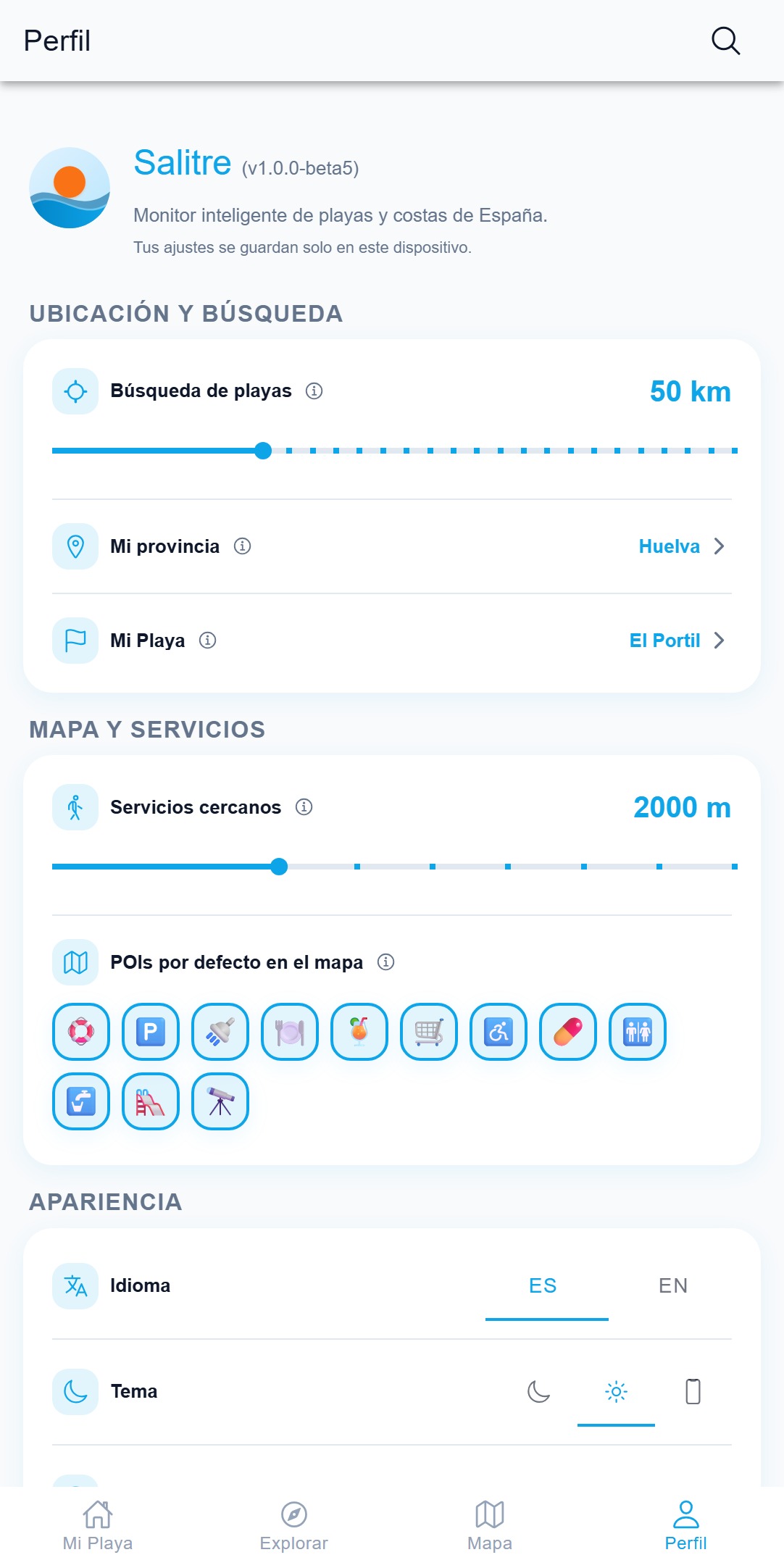 Salitre — perfil y ajustes